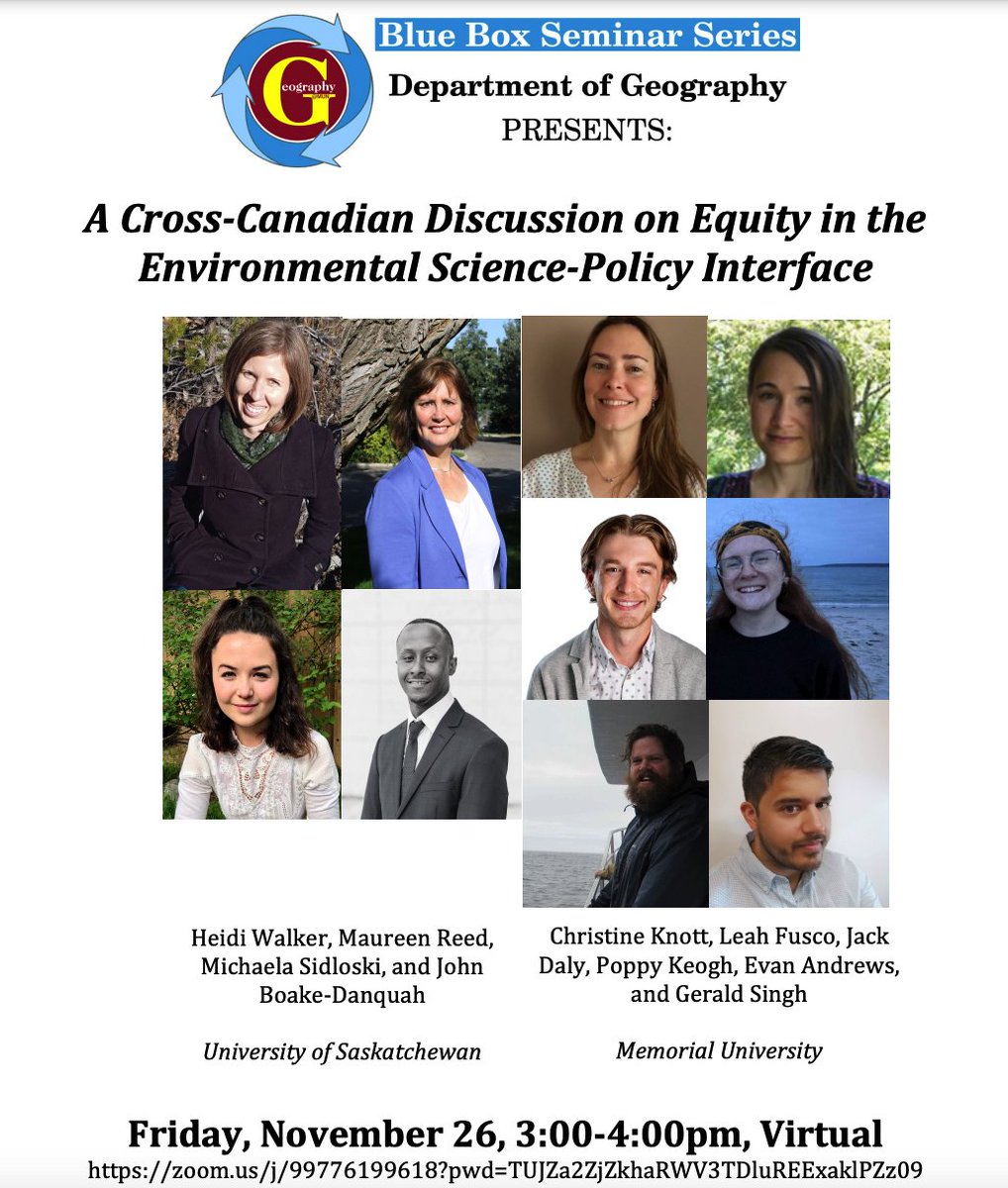 MUNGeog's tweet image. The Stanley Cup of BlueBox Seminars! Researchers from two provinces explore equity in the Canadian environmental science-policy interface. From @usask: members of the PROGRESS Lab. From @MemorialU members &amp;amp; friends @Changing_Ocean. Friday, 3-4pm NST. DM for Zoom!