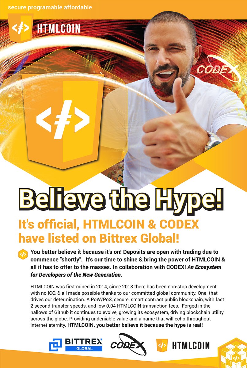 Our time has come!
Big thanks to <a href="/Codex_HTML/">Codex - 'CDEX' - (HRC20)</a>, for without you this would not have been possible. Also a big thanks to <a href="/BittrexGlobal/">Bittrex Global</a> for for listing #HTML &amp; #CDEX.
Our shared future looks brighter than ever &amp; we are very excited for what's to come in 2022