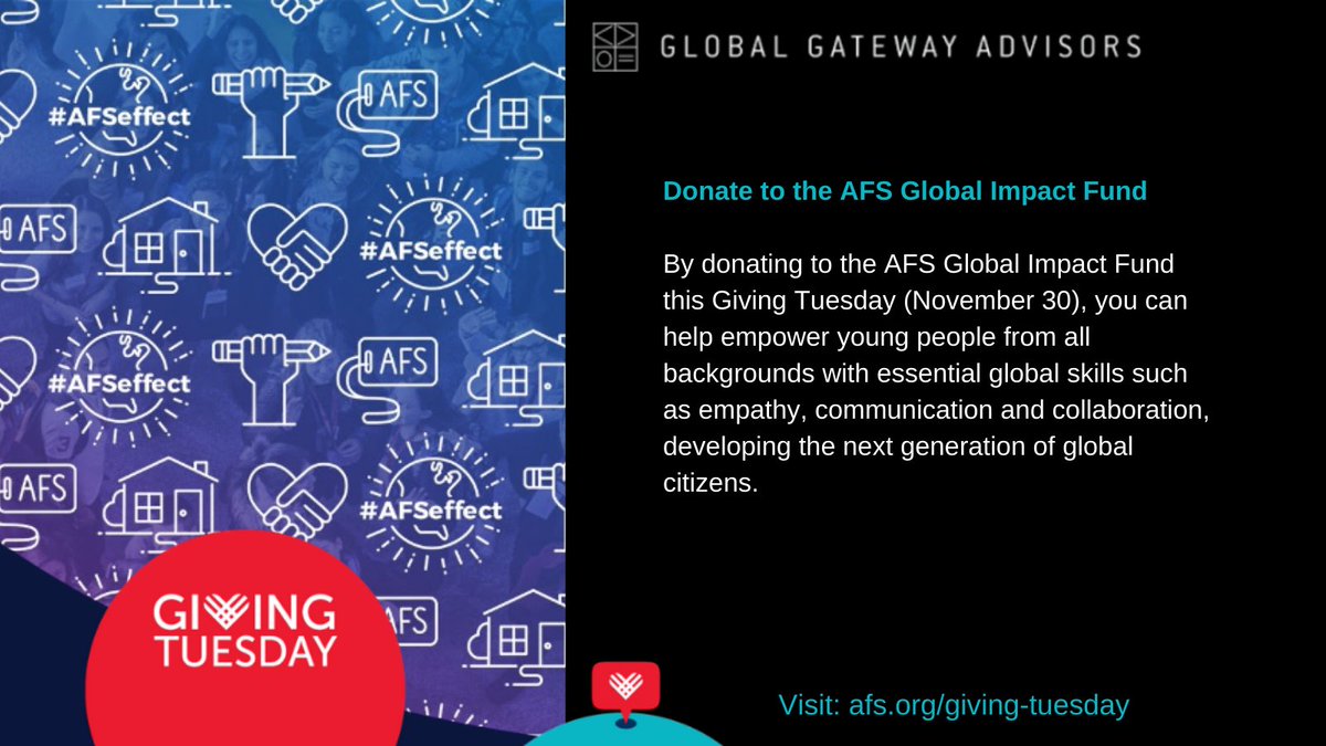 GG_Advisors's tweet photo. This #GivingTuesday, we're partnering with @AFS in support of cross-cultural respect, understanding and communication. 

We will match your donation up to $5,000. 

Donate here: https://t.co/lD9HZkMAfG https://t.co/osVgKPFfJP