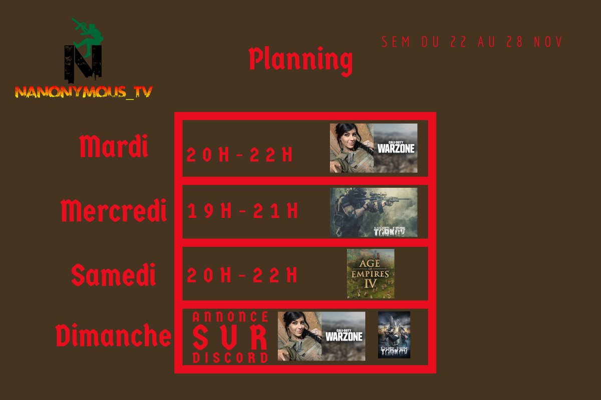 NanonymousT's tweet photo. Le planning de la semaine est arrivé!! on se retrouve comme toujours le mardi-mercredi et samedi pour passé  un bon moment sur https://t.co/Fh1btRypkM!! #Twitch #TwitchStreamers #TwitchAffliate #EscapefromTarkov #CallofDutyModernWarfare #AOE4 https://t.co/PtTLNghk6w