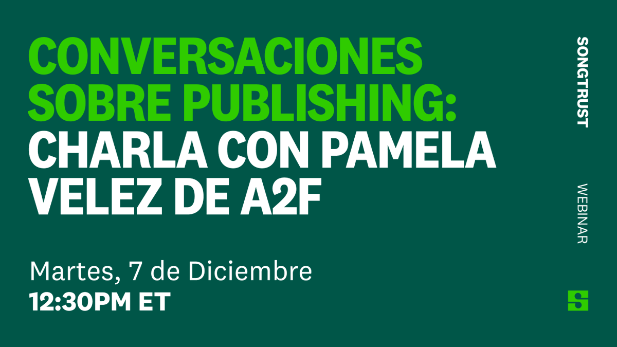 songtrust's tweet photo. Únete a Marvin García de Songtrust y @itspamelavelez de @A2FPublishing el 7 de diciembre a las 12:30pm ET para aprender cómo los creadores latinos pueden navegar en la industria editorial de música. Aprende más y regístrate hoy: https://t.co/eYQyz5YhYs https://t.co/ArBgwpLjaT