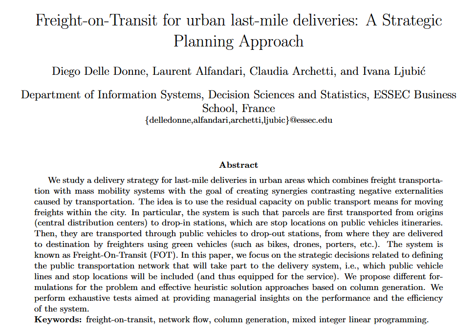 ILjubic's tweet photo. Wouldn't it be wonderful to use spare capacities of the #public #transportation in off-the-peak hours for #lastmile deliveries? 

#orms solutions could help reducing #congestion and #pollution of our cities.  

Joint work with D. Delle Donne, L. Alfandari, @ClaudiaArchett1 https://t.co/dbbZEWqjgL