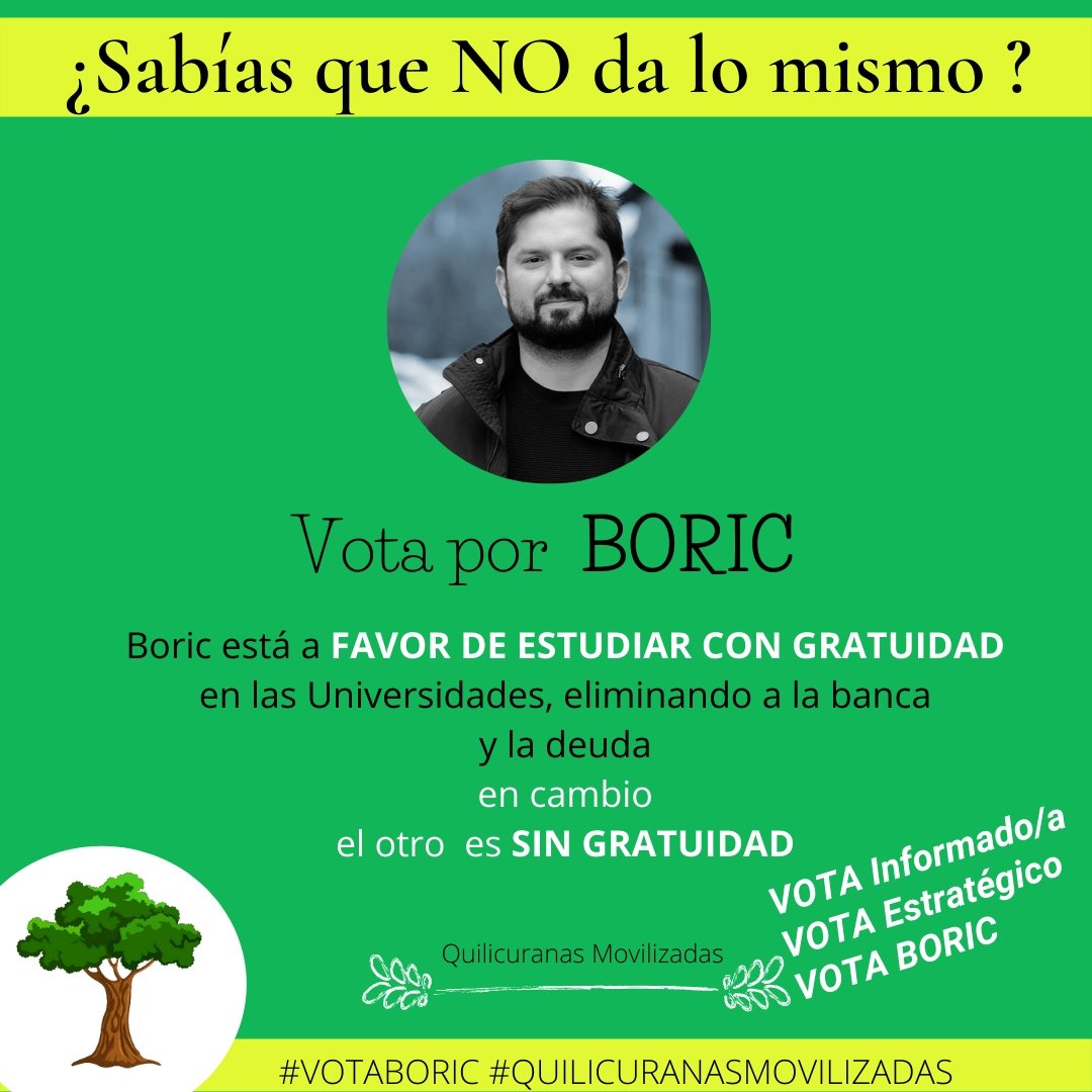 Luché por la gratuidad junto a mis hijos y hoy corre peligro con el " otro" pero Boric, habla de continuidad y mejoramiento en la educación. Yo le creo! #BoricPresidente <a href="/gabrielboric/">Gabriel Boric Font</a> <a href="/CamilaRojas_V/">Camila Rojas Valderrama</a> <a href="/camilavallejos/">Cami Vallejos</a> <a href="/gonzalowinter/">Gonzalo Winter 🇨🇱</a> #ContigoEnLaManana