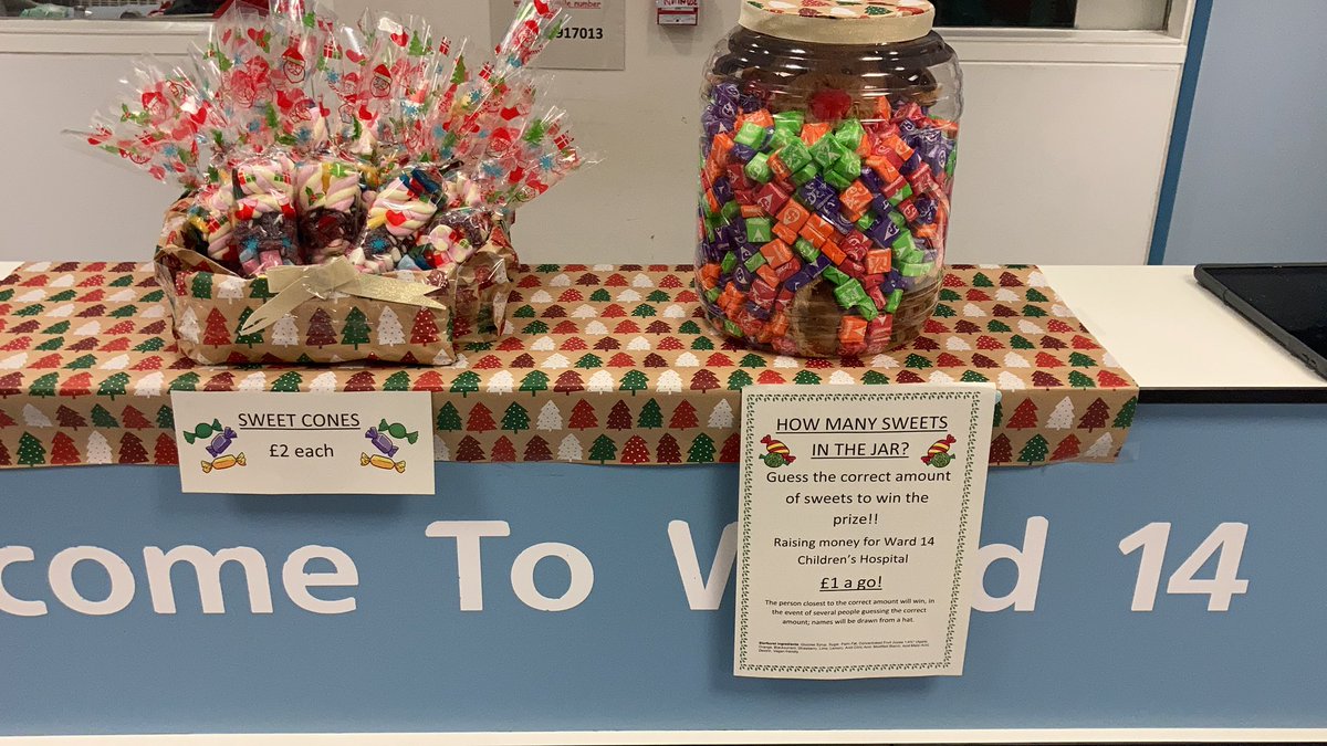 Christmas fund raising on Ward 14. Come down to the ward and have a guess of how many sweets in the jar for your chance to win! £1 a go. Sweet cones £2. Good luck!!