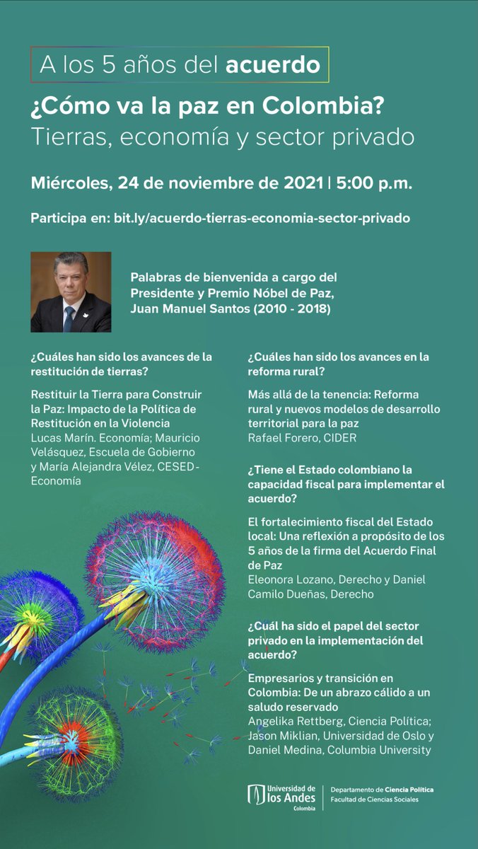 Mañana a las 5 p.m. participaré en este evento donde reflexionaremos sobre los cinco años del acuerdo.  Palabras de bienvenida a cargo del presidente y Nobel de Paz <a href="/JuanManSantos/">Juan Manuel Santos</a>. Inscripciones aquí: cienciassociales.uniandes.edu.co/.../a-los-5.../ 

Muy invitados todos!