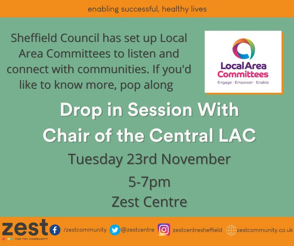 Walkleygreens's tweet photo. A reminder about the drop in session at Zest this evening with Cllr Bernard Little. Pop down and ask any questions you might have about the new Local Area Committees and how it affects you. 5 to 7pm. @CentralSheff @ZestCentre @SheffCouncil #Walkley #Upperthorpe https://t.co/3TTYlLUaap