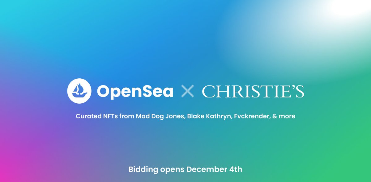 OpenSea x <a href="/ChristiesInc/">Christie's</a>'s 🌐

We've partnered with the leading art world specialists for a series of curated auctions, and it all kicks off next week!

Open for browsing 1-3 December, open for bidding 4-7 December: opensea.io/collection/chr…