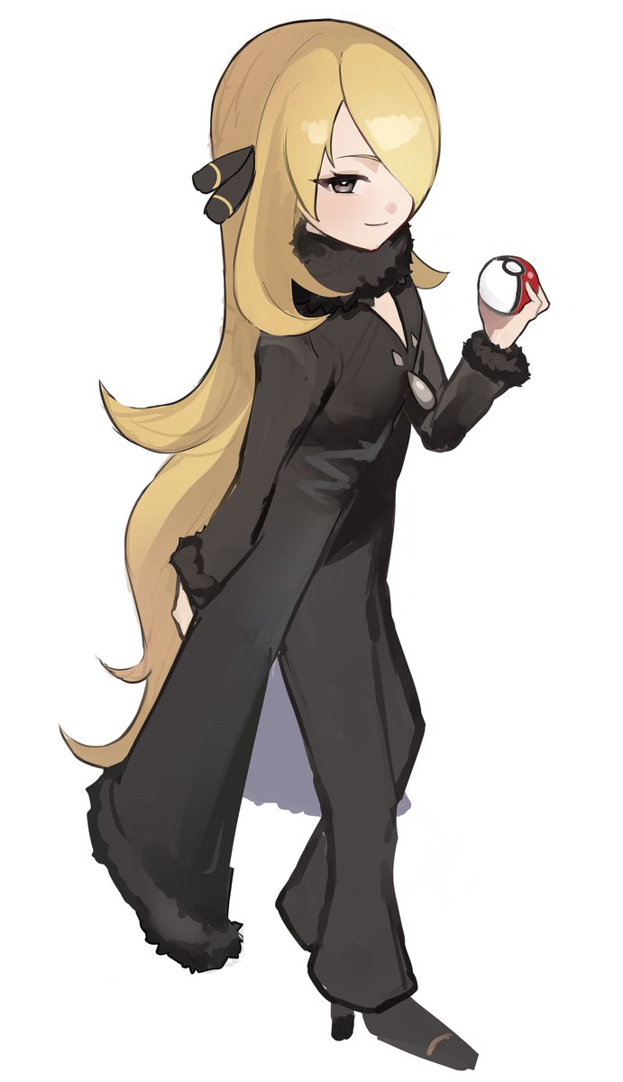 cynthia (pokemon) 1girl solo blonde hair long hair holding poke ball holding poke ball  illustration images