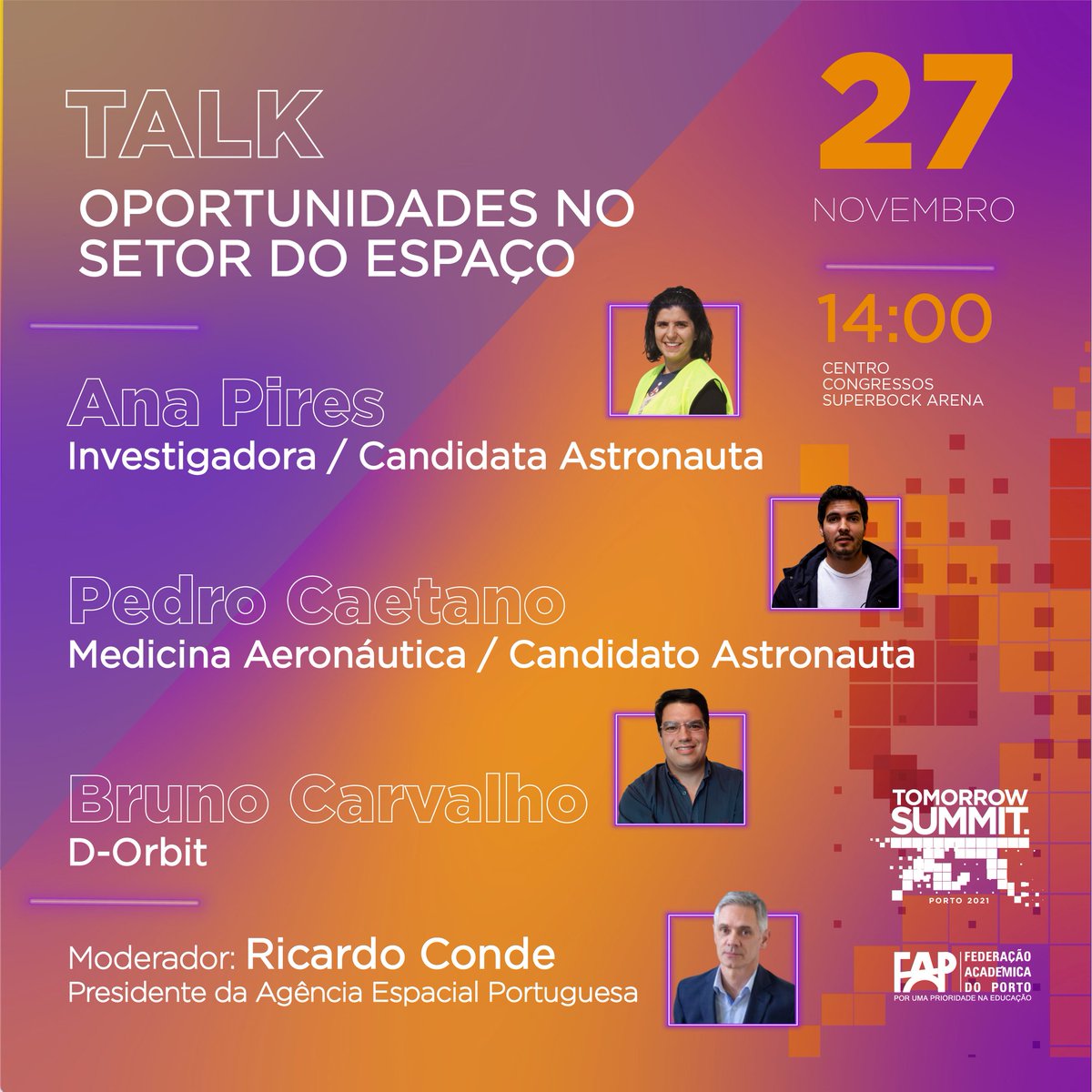portugalspace's tweet image. 🗓️No próximo sábado, às 14h00, o presidente da @portugalspace, Ricardo Conde, moderará a talk “Oportunidades no Setor do Espaço”, na Tomorrow Summit, organizada pela @FAP1989. 

Mais informação ➡️ tomorrowsummit.fap.pt