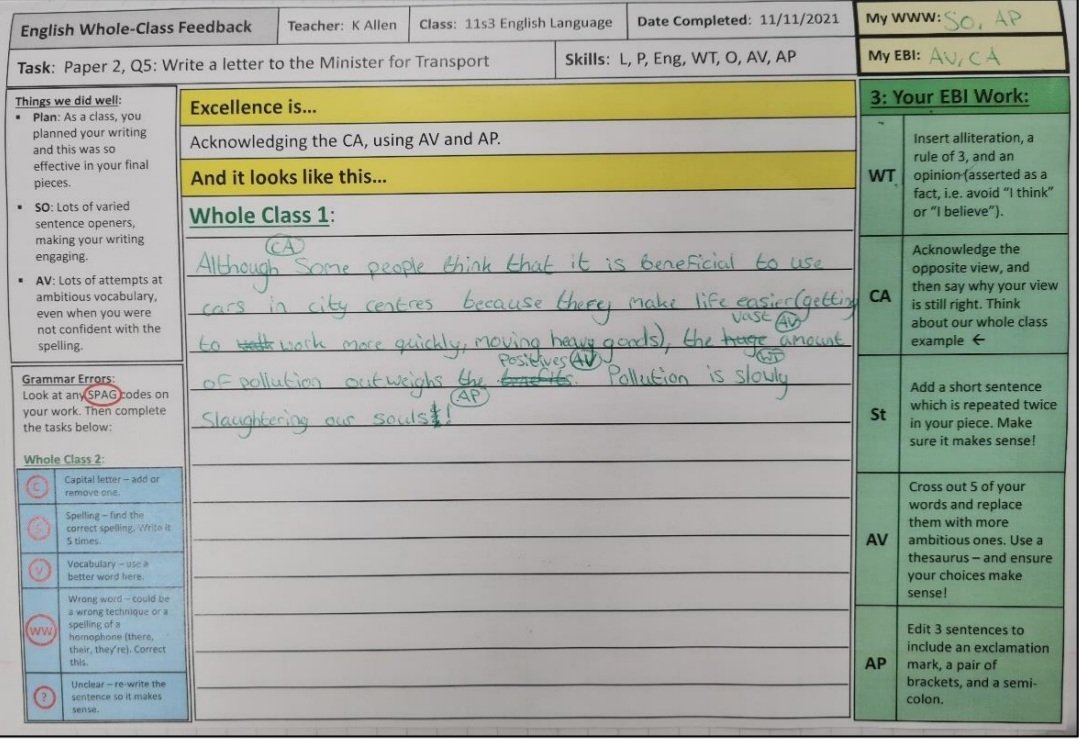 MissKAllen89's tweet photo. Changed how I use WCF today with Y11. Instead of giving them good examples, we annotated why the Q3 example was good, and then wrote a paragraph together for Q5. Combined WCF with live modelling was so effective for their own cognition! @Team_English1 #wholeclassfeedback https://t.co/MHiJtnHE1g
