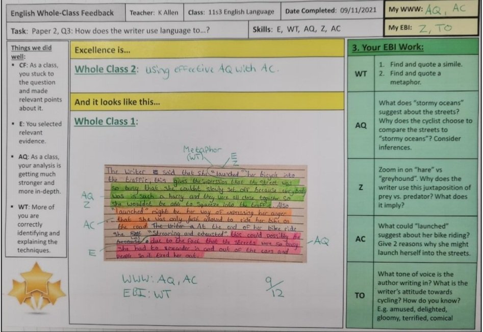MissKAllen89's tweet photo. Changed how I use WCF today with Y11. Instead of giving them good examples, we annotated why the Q3 example was good, and then wrote a paragraph together for Q5. Combined WCF with live modelling was so effective for their own cognition! @Team_English1 #wholeclassfeedback https://t.co/MHiJtnHE1g
