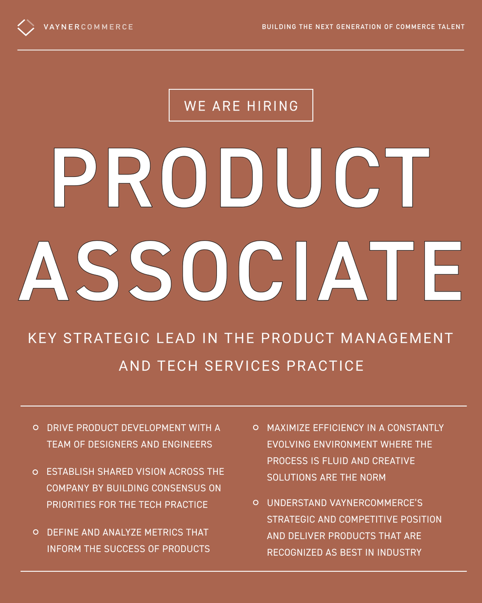 VaynerCommerce's tweet photo. We're hiring a new Product Associate to join our team! Help us build unique end-to-end eCommerce products for our clients to help them scale! If you're an eCommerce product professional looking to join a fast growing team, consider applying today: https://t.co/5AOe0Bi8cY https://t.co/V8yMOkDneh