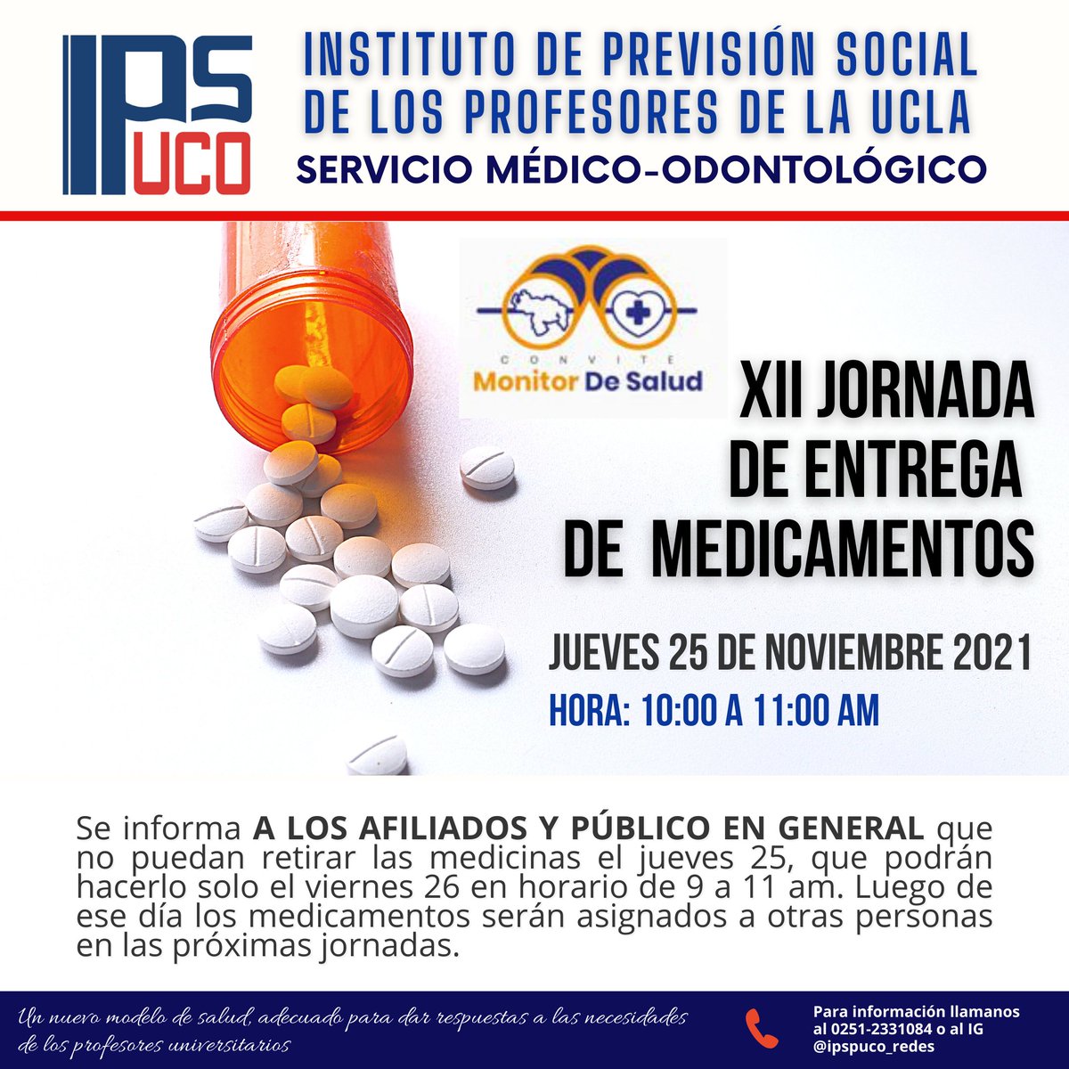 apuclagremio's tweet photo. XII Jornada IPSPUCO-Convite Para afiliados de Ipspuco, familiares y comunidad en general, donados por 
@conviteac este jueves 25-11-21. Podrán llenar el formulario hasta el miércoles 24-11-21 al mediodía. #donacionmedicinas 
@conviteac
#ipspuco

https://t.co/D1yPMMnxyx https://t.co/MEfpbCU0NB