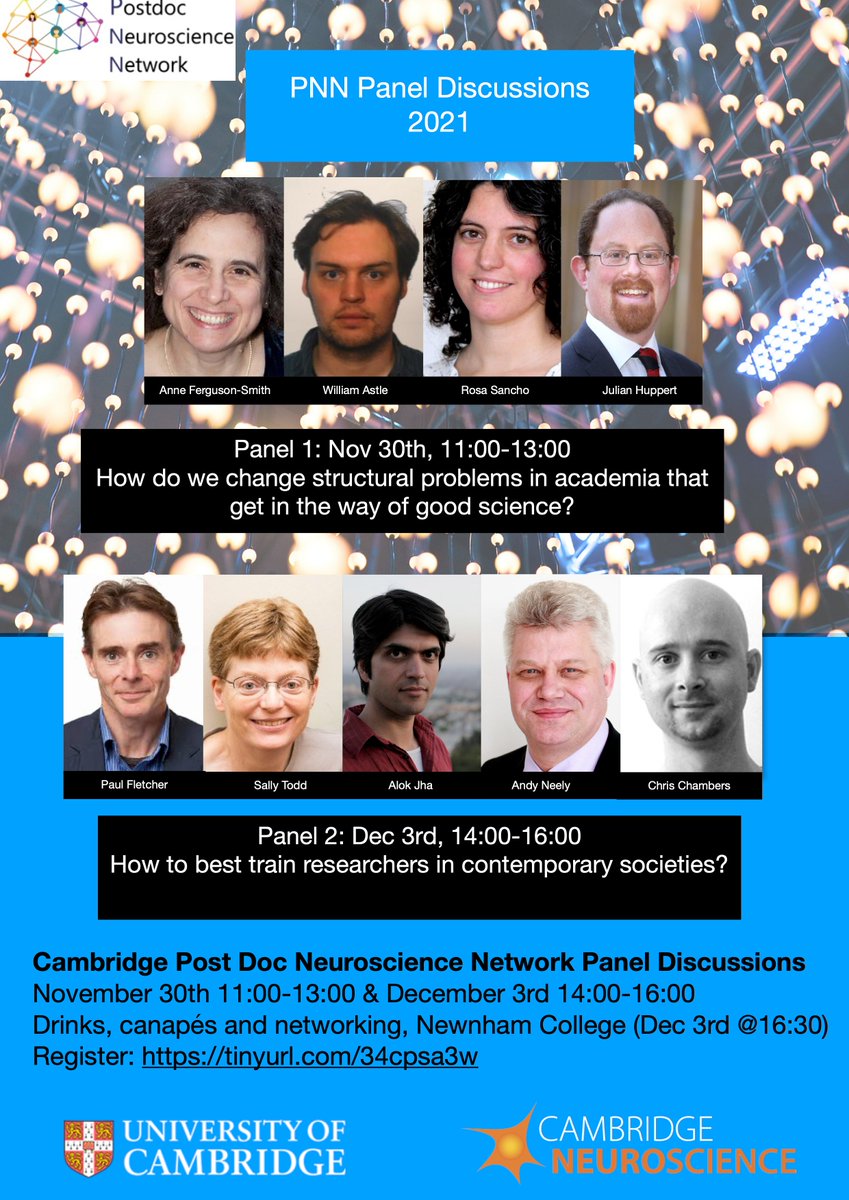 #PNNAnnualPanelDiscussions 
Meet our speakers for the 2021 edition and get ready for a great conversation!
With <a href="/CamNeuro/">Cam Neuroscience</a> <a href="/ARUKscientist/">Research at ARUK</a> <a href="/WilliamAstle/">William Astle</a> <a href="/julianhuppert/">Julian Huppert</a> <a href="/PaulPcf22/">Paul Fletcher</a> <a href="/AndyNeely/">Andy Neely</a> <a href="/unicamcareers/">Careers Service, University of Cambridge</a> <a href="/alokjha/">Alok Jha</a> <a href="/chrisdc77/">Chris Chambers</a>  

Registration here: neuroscience.cam.ac.uk/events/event.p…