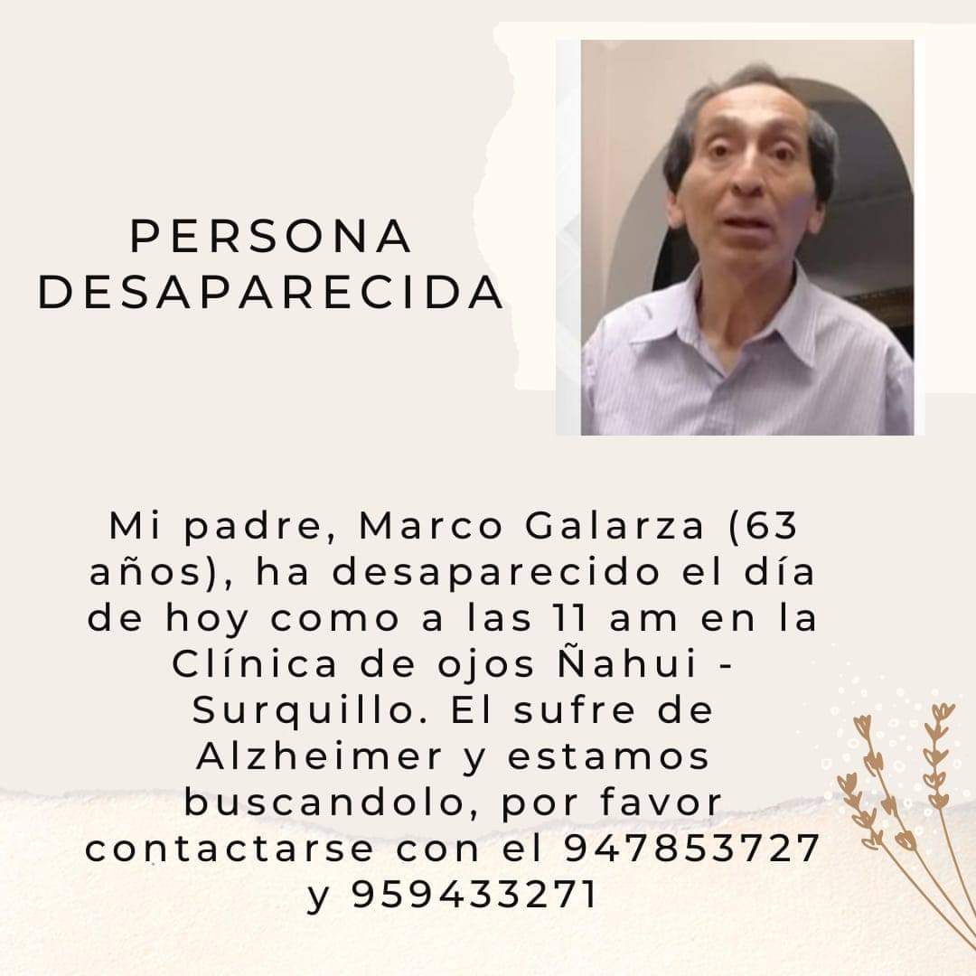 GMGR92's tweet photo. MI PADRE SE HA PERDIDO EL DIA DE HOY MARTES 23/11 A LAS 11AM, EN LA CLINICA DE OJOS ÑAHUI - AV ANGAMOS 714 - SURQUILLO. EL ESTA VESTIDO CON UN PANTALON DE VESTIR Y SOBRETODO UNA CASACA AZUL ACOLCHADA 

POR FAVOR AYUDENME COMPARTIENDO
MUCHAS GRACIAS https://t.co/6r30Nwv0QJ
