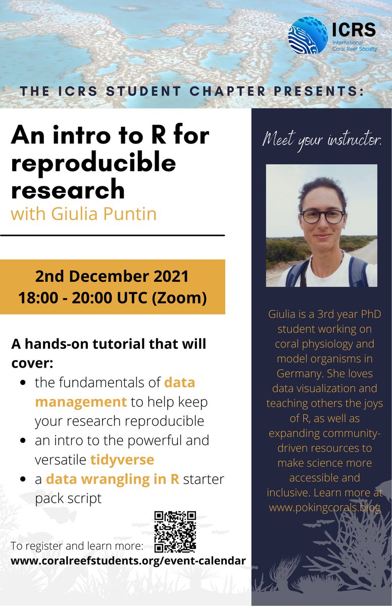 ICRSreefstudent's tweet photo. 🗣️📢 Register today for our next workshop on R statistical software for reproducible research. This tutorial, led by Giulia, is designed to help R novices and intermediates. See flyer for details or visit https://t.co/eBjDySSpm7 for more info. 

Hurry! As spaces are limited! https://t.co/Lek1Z2ITTE