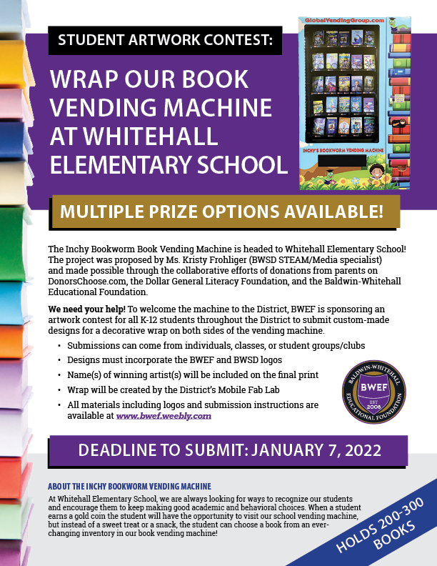 BWEF_Cares's tweet photo. To welcome the book vending machine to @WhitehallNews, we're holding an artwork contest for all K-12 students in @BWSDNews to create custom designs for both sides of the machine (w/help from @BWMobileFabLab)! RT to help us spread the word &amp; learn more at https://t.co/F9J7jPxGpm. https://t.co/kP8zDNeyQC