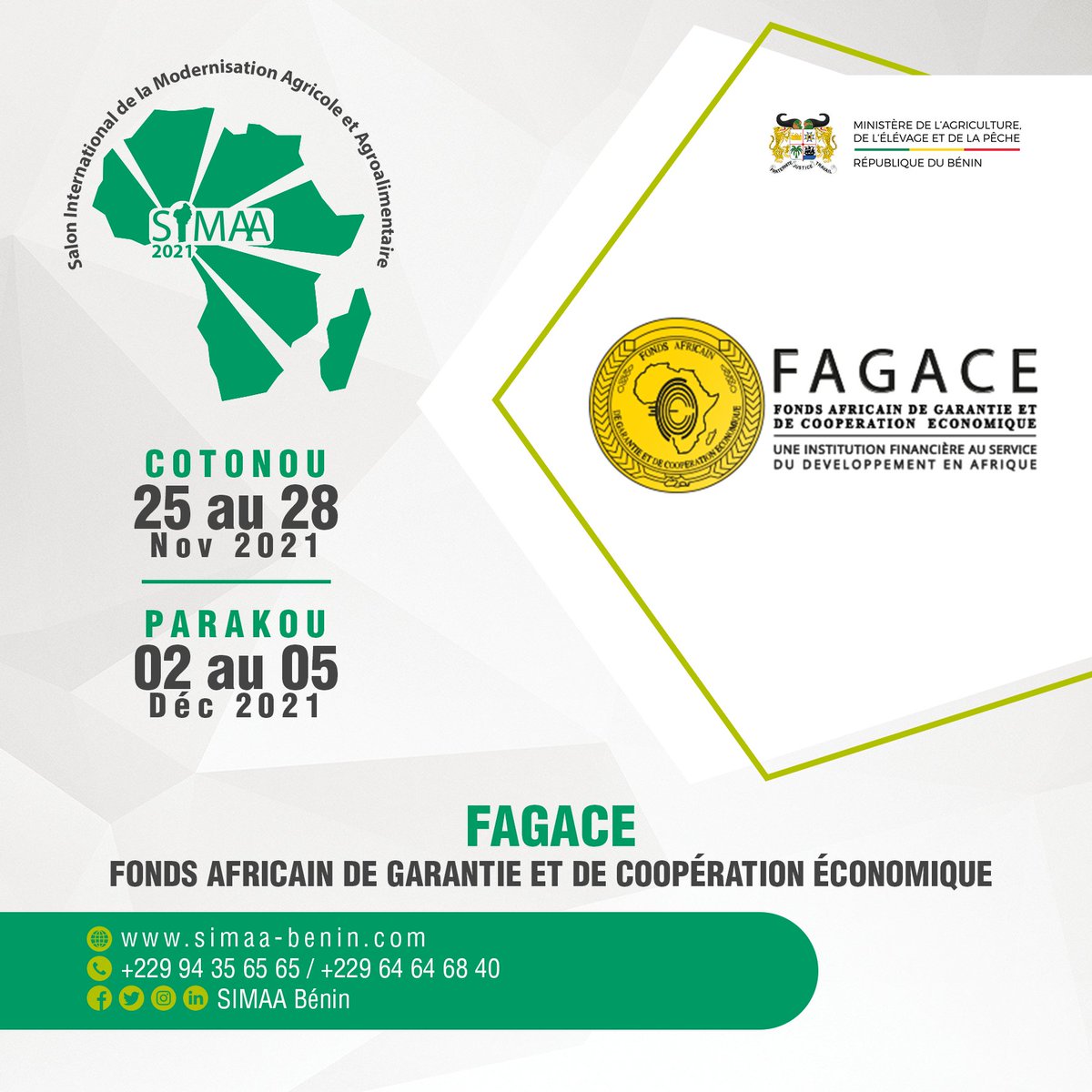 SimaaBenin's tweet photo. Ils seront bien présents au SIMAA!
Le Fonds Africain de Garantie et de Coopération Économique (FAGACE) https://t.co/KjjyumHfFo
https://t.co/UsF7umjmI8
Tél : +229 97 89 20 46 / +229 66 37 93 19
#simaabenin #agriculture #afrique #MAEP 
https://t.co/jt31Ieokba https://t.co/zj7qMYoRXV