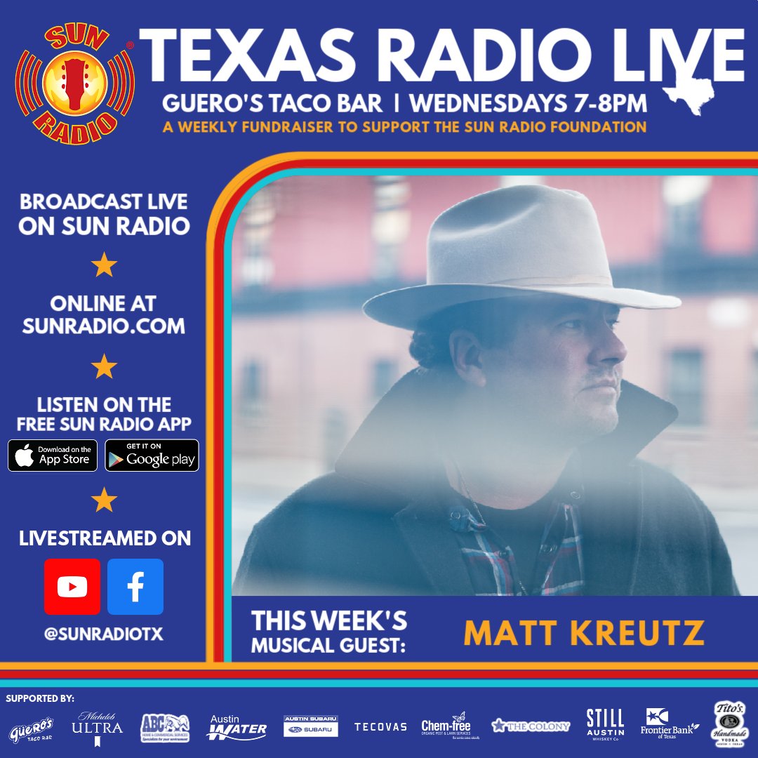 SunRadioTX's tweet photo. Tomorrow 7-8pm: Join us for Texas Radio Live in the @guerostacobar Oak Garden with live music from @MattKreutz!

A $10 donation at the gate supports the Sun Radio Foundation. While you're there, you can register to win a pair of Tecovas boots. https://t.co/prdno8fKGg