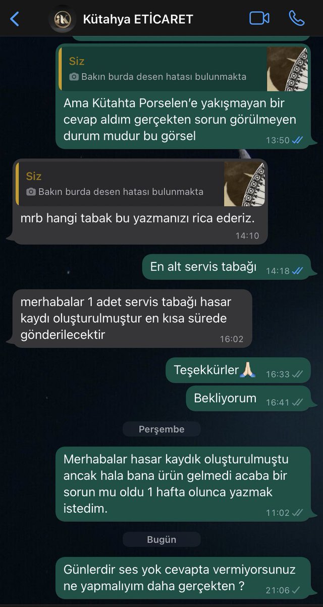 Evet bir servis tabağı hatalı dendi kabul edildi ve yollanacak dendi. Ancak hala cevap alamıyorum. <a href="/kutahyaporselen/">Kütahya Porselen</a> e yakışmayan bir hareket malesef ki müşteri kaybediyorsunuz yılların porselen markası…