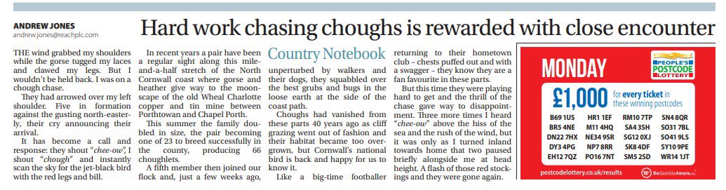 Andrew Jones (@arjones77) on Twitter photo Pleased to make my Country Notebook debut in yesterday’s <a href="/WMNNews/">Western Morning News</a> with a chough chase. Thanks to <a href="/StephenMoss_TV/">Stephen Moss</a> and his nature writing course with <a href="/urbanbirder/">The Urban Birder - OFFICIAL</a> for the inspiration! Pleased to make my Country Notebook debut in yesterday’s <a href="/WMNNews/">Western Morning News</a> with a chough chase. Thanks to <a href="/StephenMoss_TV/">Stephen Moss</a> and his nature writing course with <a href="/urbanbirder/">The Urban Birder - OFFICIAL</a> for the inspiration!