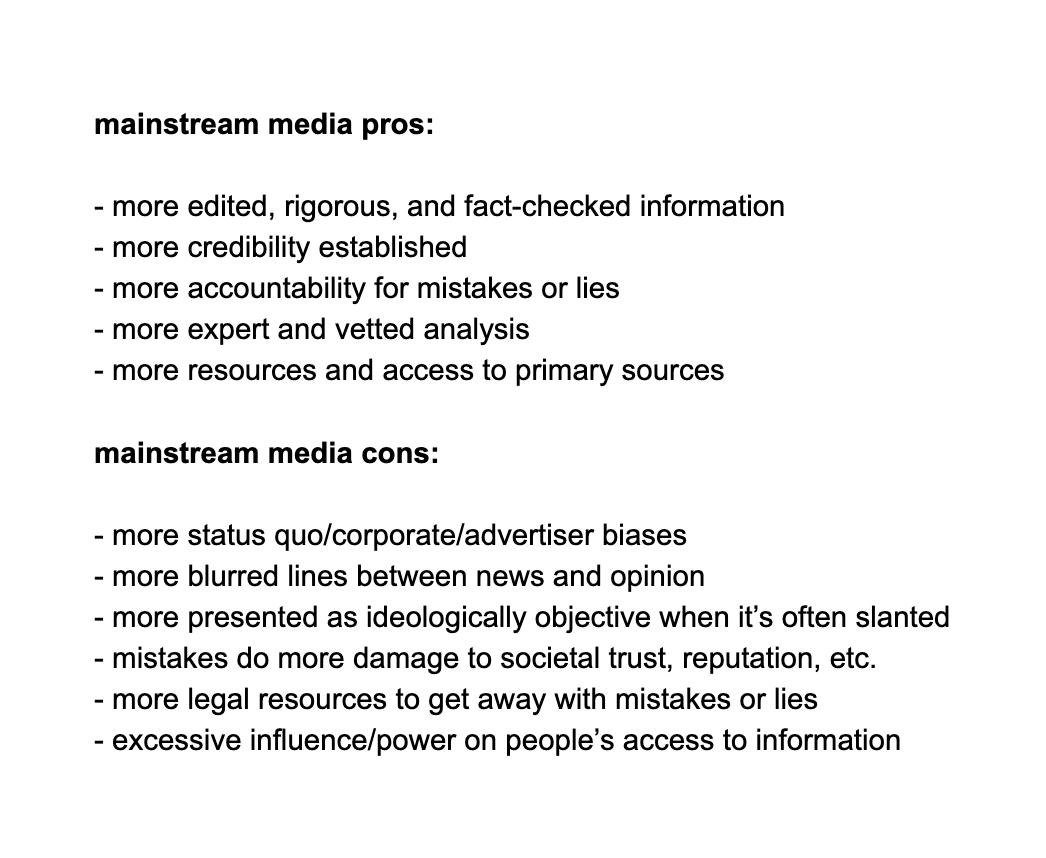 Nathan Allebach on Twitter: "here are some generalized pros and cons of mainstream  media vs. alternative media—they don't apply to every case, but hopefully  they're useful for thinking more critically about both