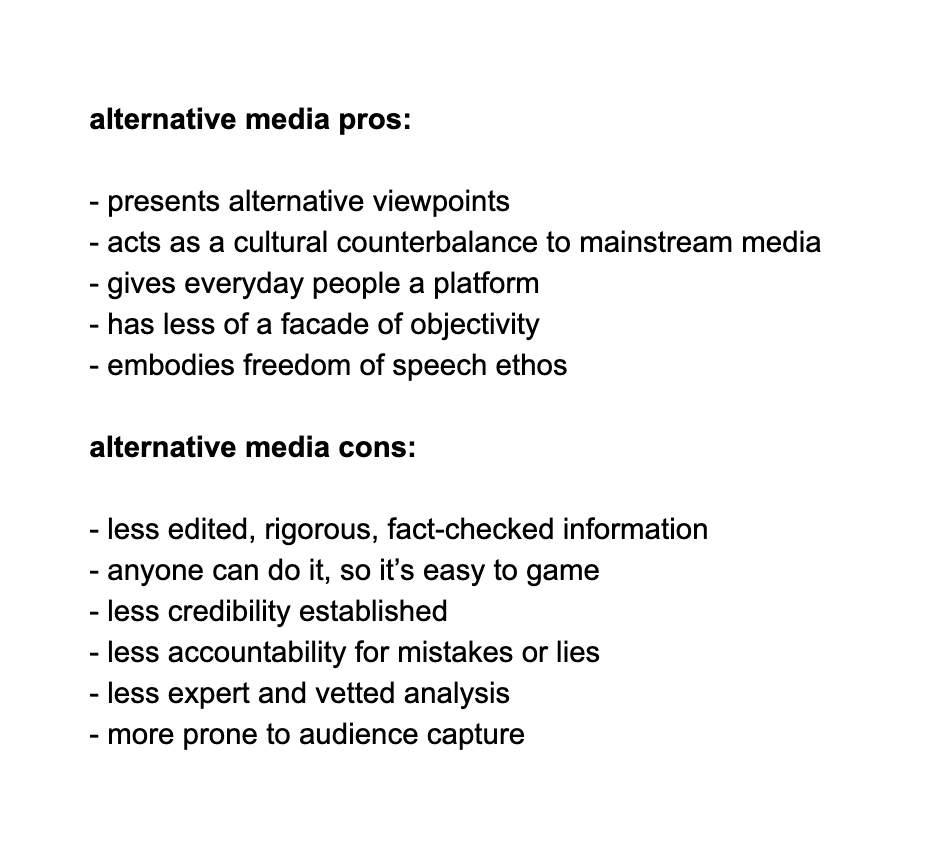Nathan Allebach on Twitter: "here are some generalized pros and cons of mainstream  media vs. alternative media—they don't apply to every case, but hopefully  they're useful for thinking more critically about both