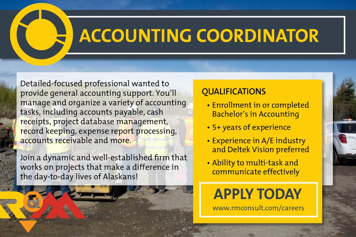 RMConsultInc's tweet photo. Join #teamRM! We are looking for an accounting coordinator to work with our accounting group. Join a fun and dynamic group of professionals that work on projects that make a difference in the day-to-day lives of Alaskans! Apply now: https://t.co/izKL3ihl6X https://t.co/pW7fbVG9Nv