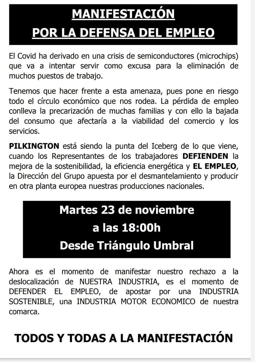 💜Volem transmetre tot el nostre recolzament 💪 als treballadors i treballadores que han iniciat una setmana de lluita en defensa dels seus llocs de treball a Pilkington. 

✊ La Vaga continua ✊

#PilkingtonEnLucha
 #pilkingtonenlucha #industriasostenible
