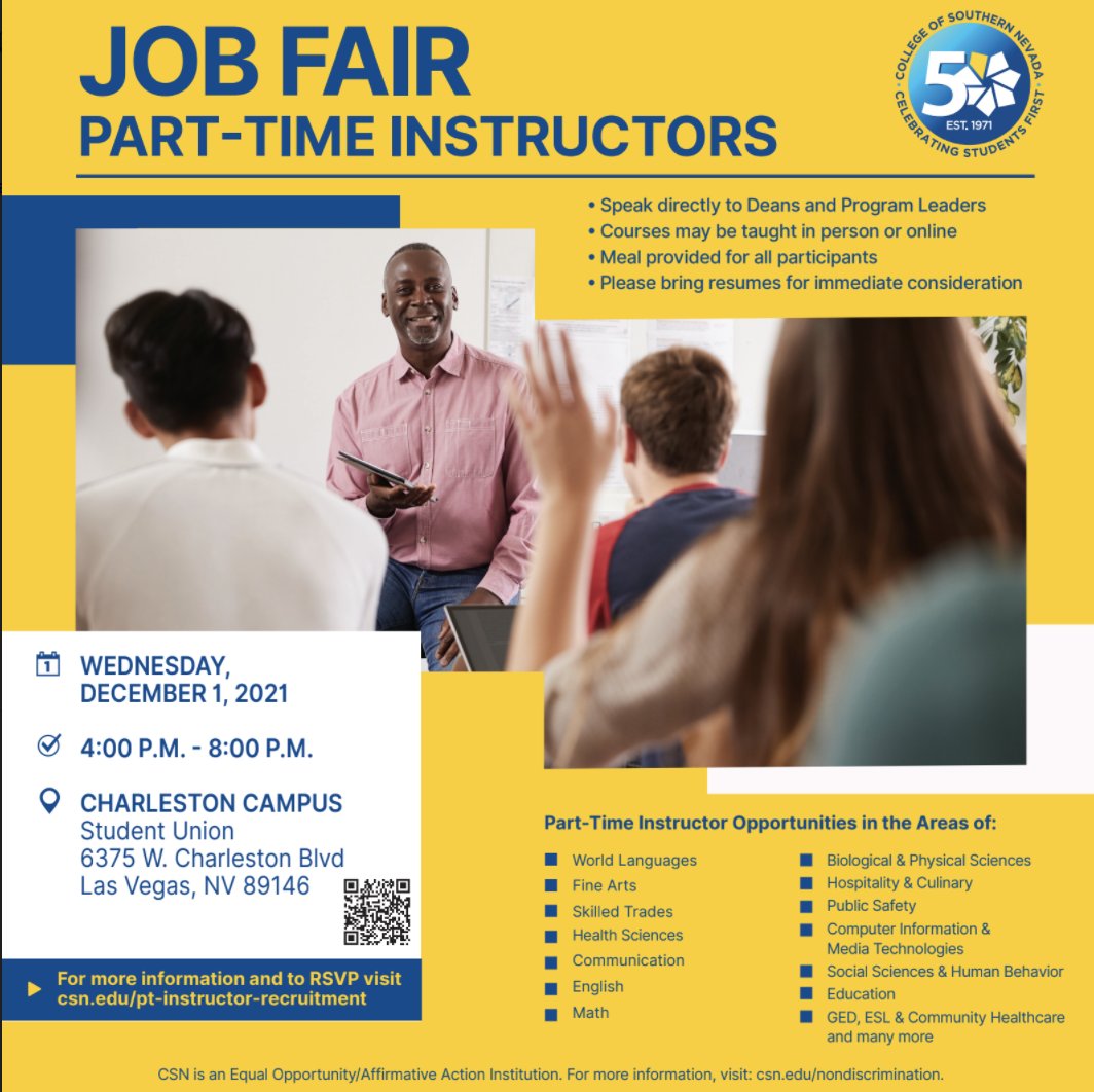 CSNCoyote's tweet photo. #CSN is looking for qualified part time instructors to teach beginning in January. Join us for our instructor recruitment fair: 
📆 December 1
📍#CSN West Charleston Campus 
RSVP &amp; bring your resume https://t.co/4eRKzZZ0eC https://t.co/Vva6bbU5LD