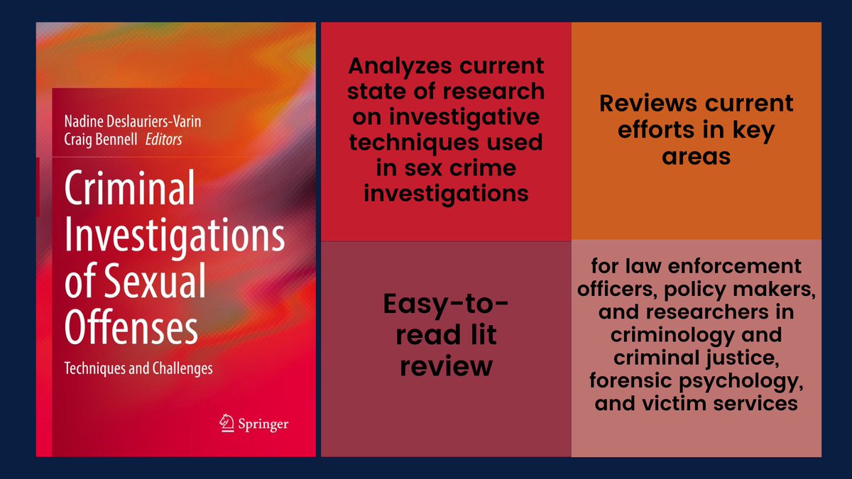 Congratulations to <a href="/NDV_UL/">N.Deslauriers-Varin</a> and <a href="/BennellCraig/">Craig Bennell</a> on the publication of their book, Criminal Investigations of Sexual Offenses. Perfect for those looking to synthesize #research and #investigative practices. Get your copy: bit.ly/criminvestigat… #criminaljustice #forensicpsych