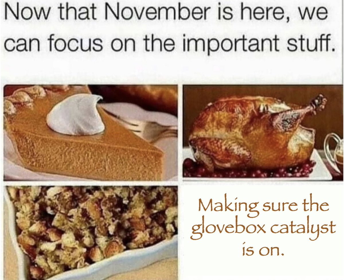 "Now that November is here, we can focus on the important stuff." Followed by a grid with 4 pictures: pumpkin pie, a Thanksgiving turkey, stuffing, and a box that says, "Making sure the glovebox catalyst is on."