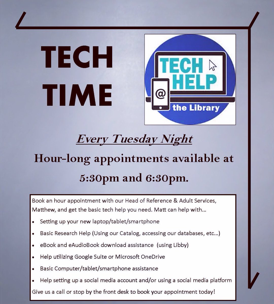 floyd_library's tweet photo. Coming soon to #FloydMemorialLibrary!
Need help setting up your new tablet? Want to create a social media account and not sure how? Starting in 2022, we will offer Tech Time appointments on #TechTuesday nights. Sit down and get the 1-on-1 help that you need. https://t.co/eeXx7ocvZa