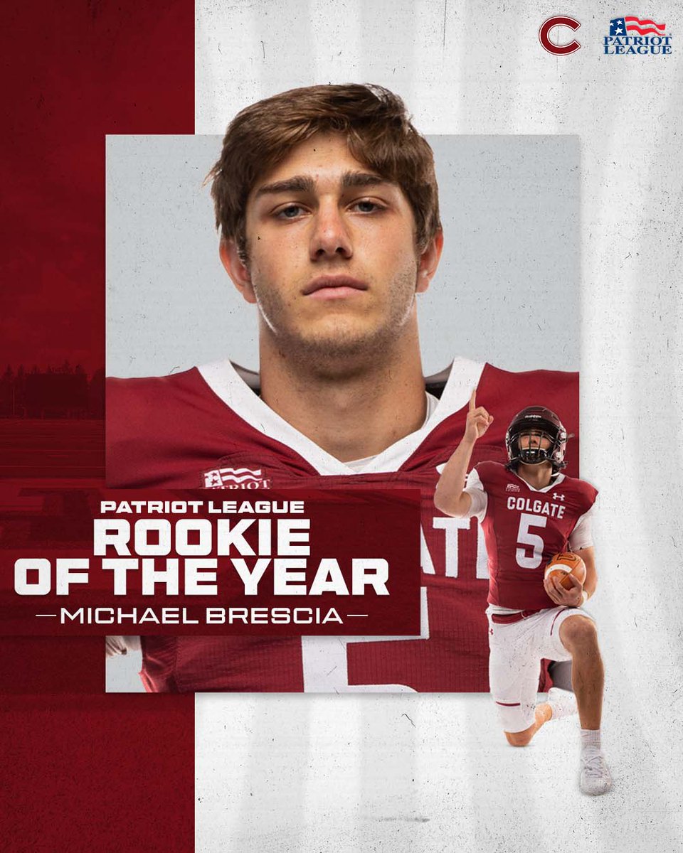 Colgate Football (@colgatefb) on Twitter photo πππ° ππ’π π’π§ ππ¨π°π§.
Michael Brescia had a total of 614 yards passing and averaged 80.3 rushing yards/game in five contests with the Raiders. Today he is named the <a href="/PatriotLeague/">Patriot League</a> Rookie of the Year.
#GoGate πππ° ππ’π π’π§ ππ¨π°π§.
Michael Brescia had a total of 614 yards passing and averaged 80.3 rushing yards/game in five contests with the Raiders. Today he is named the <a href="/PatriotLeague/">Patriot League</a> Rookie of the Year.
#GoGate
