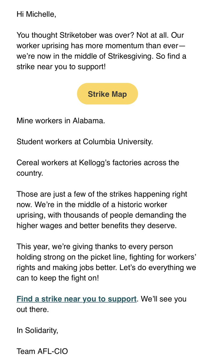 MichelleEBlau's tweet photo. Tired: Black Friday
Wired: find a picket line near you #StrikesGiving @aflcio 
https://t.co/VkzcYlY18k https://t.co/t2j1BlZqsu