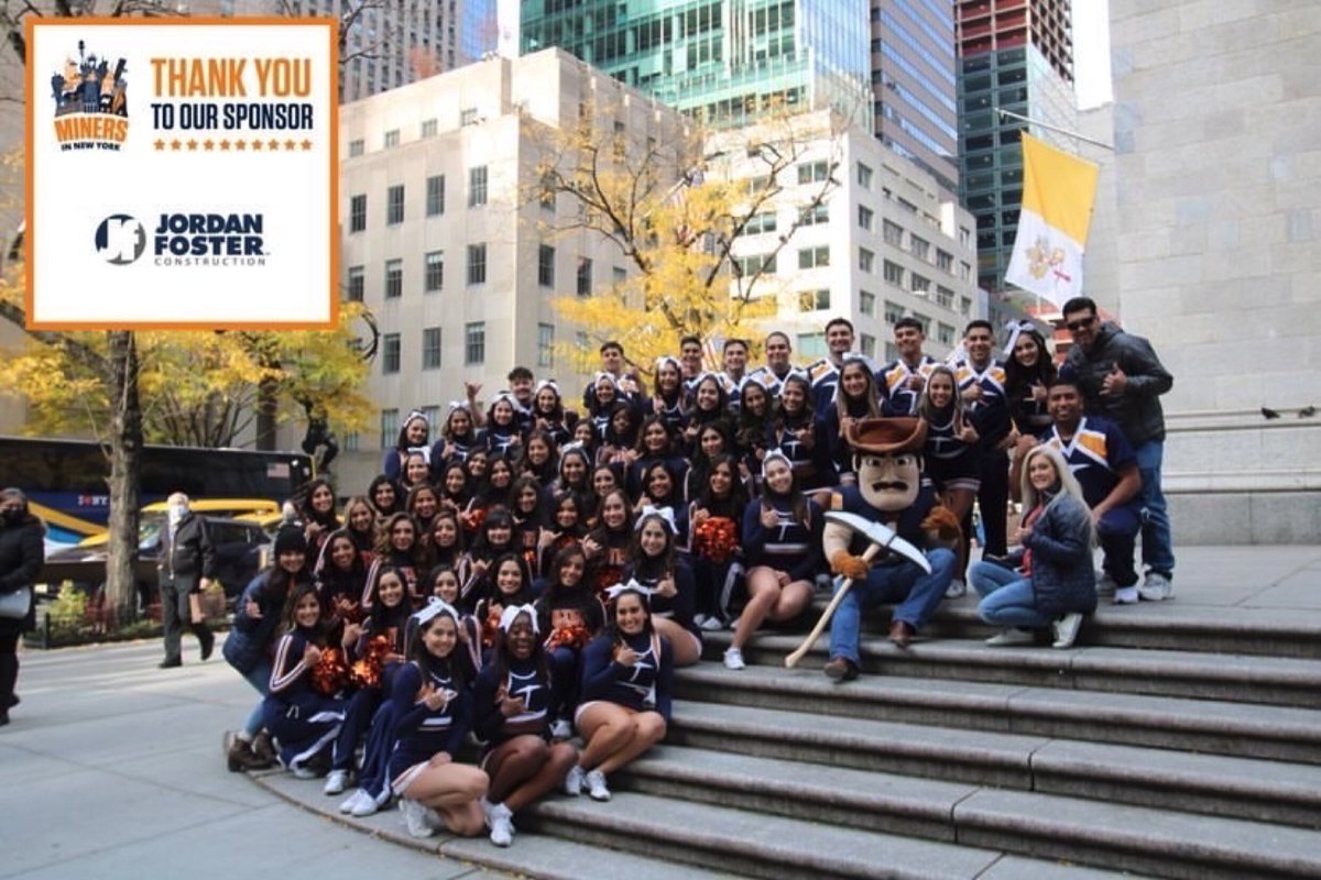 UTEPCheer's tweet photo. Miners in New York part 9🗽:
We having a blast in New York but this wouldn’t be possible without the help of our sponsors @JordanFosterTX we appreciate all your help!!⛏🤙
#minersinnewyork #thanksgivingdayparade #utep #picksup #gominers #utepcheer #utepdance #nyc https://t.co/WZBqFFpAzc