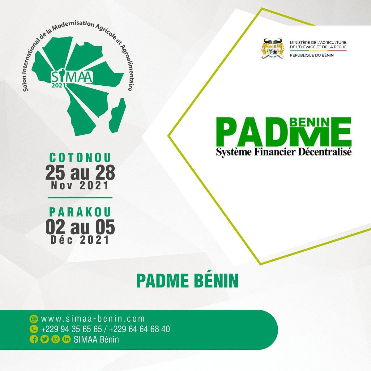 SimaaBenin's tweet photo. Ils seront bien présents au SIMAA!
L’Association PADME
Tél : +229 97 89 20 46 / +229 66 37 93 19
#simaabenin #agriculture #afrique #MAEP 
https://t.co/jt31Ieokba https://t.co/rHob2U84MU