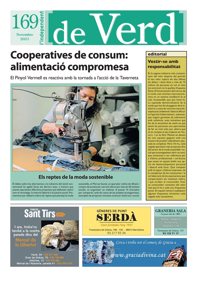 indepe_gracia's tweet image. Ja has llegit el suplement #deVerd de novembre? Parlem dels reptes de la moda sostenible amb el @ElMercatSocial i de cooperatives de consum com Pinyol Vermell, de @La_Torna, amb el retorn de la Taverneta. Descarrega-te'l a independent.cat/en-paper/707/n… #viladegràcia
