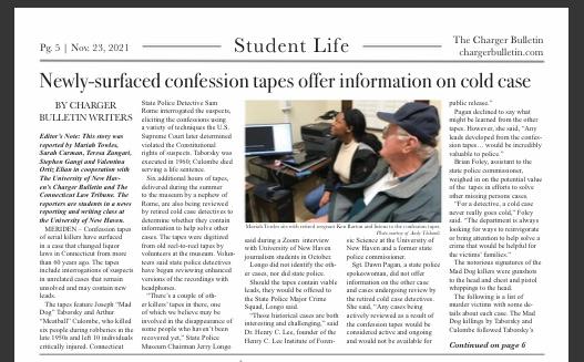 cooljustice's tweet photo. Proud of Journalism students @UNewHaven,
grateful for chance to work with them/ editors @chargerbulletin @CTLawTribune
https://t.co/PvSBF2Bl9S
https://t.co/EGQ3vMBptN
@kaylamutchler @BreakingCTLaw @campbellsl @HenryCLee @CT_STATE_POLICE #MadDogTaborsky #ColdCases #ConfessionTapes https://t.co/zMEvVPrgj6