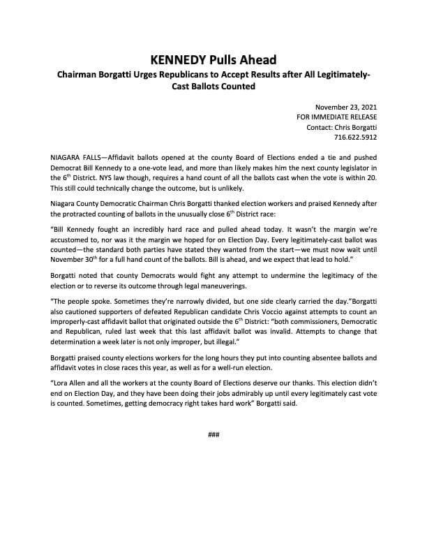 NiagCountyDems's tweet photo. 6th Leg Election Update:
Kennedy-776 . . . Voccio-775
Next up, hand count of ballots on Nov 30th. https://t.co/weWN1PP1FA
