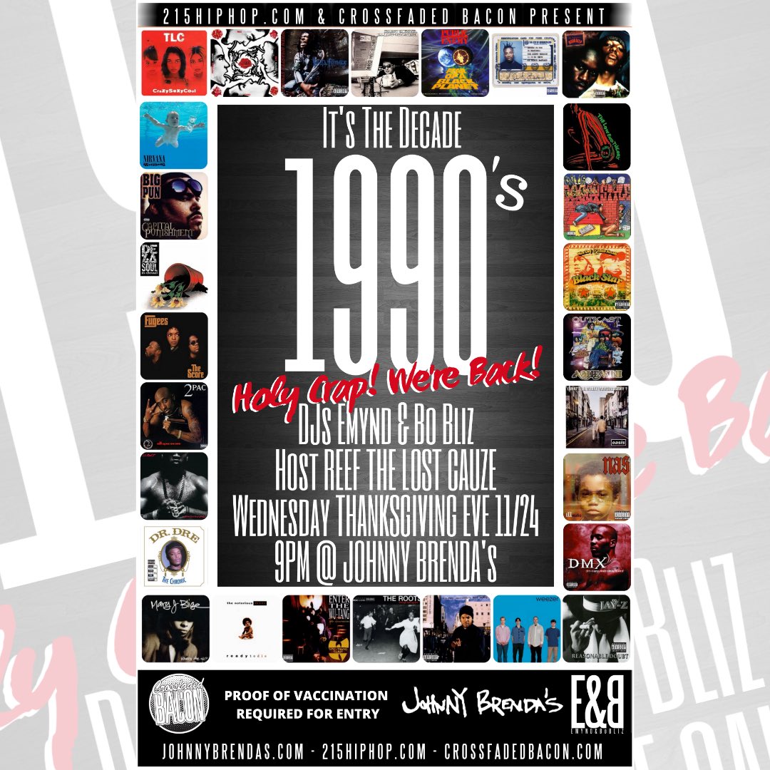 215hiphop's tweet photo. TOMORROW NIGHT It’s the Decade 1990’s at @johnnybrendas w/DJs @emynd &amp; @bo_bliz hosted by @LostCauze doors at 9pm https://t.co/PZLTtwPZ6T
