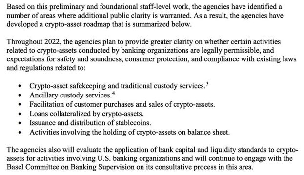 DylanLeClair's tweet photo. NEW: The Federal Reserve, FDIC, and OCC have released their crypto policy roadmap for 2022 covering:

- stablecoin issuance 
- crypto collateralized loans
- balance sheet holdings https://t.co/1RpiujQGSL