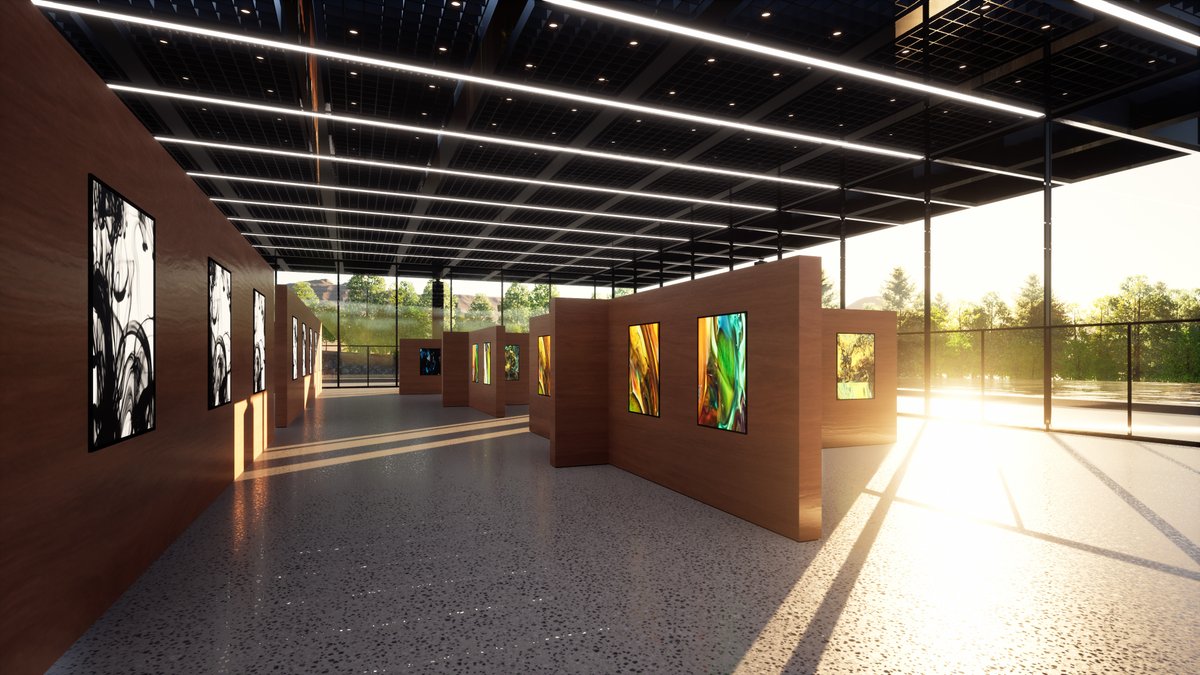 Arki__labs's tweet photo. NFT exhibition space in our new virtual art gallery. The gallery features a large over-hanging gridded roof situated on an island surrounding by a large body of water, forests and mountains. #nft #NFTCommunity #NFTartists #NFTartwork #metaarchitect #CGI https://t.co/x8SrZDjgrX