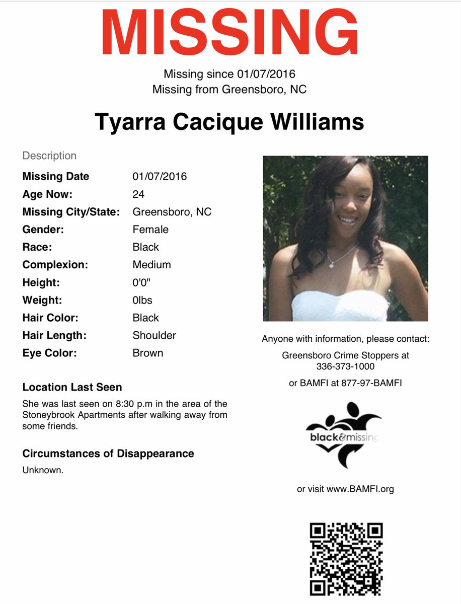 #Greensboro, #NC: Tyarra Williams is STILL MISSING! She disappeared from her apartment complex. 

On Jan 7, 2016, Tyarra told her mother she was going to visit a friend who lived in her apartment complex and she would be back in an hour. She never returned.  
#HelpUsFindTyarra