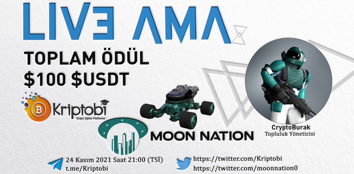 🔶Kriptobi olarak #MoonNation projesini grubumuzda ağırlıyoruz.

➖Tarih: 24 Kasım 21:00
➖ Etkinlik yeri: t.me/kriptobi

▶ Etkinliğin son bölümünde (Canlı Sorular) 5 Kazanan Olacak. Ödül Havuzu 100$