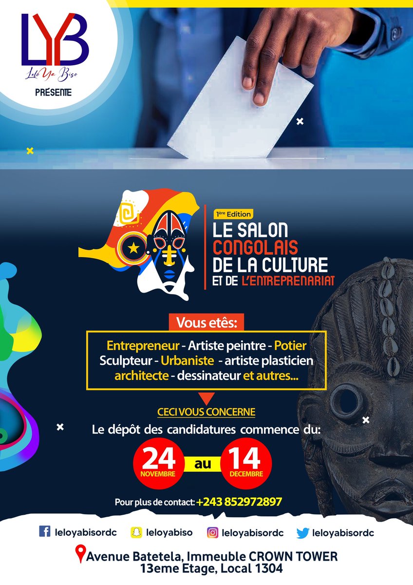 LeloYaBiso's tweet photo. En marge de son premier Salon congolais de la Culture et de l’entreprenariat, Lelo Ya Biso lance un appel à candidature à tout(e) congolais(e) qui voudrait y participer. Entrepreneurs, artistes peintres, sculpteurs, potiers, urbanistes… ceci vous concerne ! ☎️: +243 852 972 897 https://t.co/paibVrI7MD