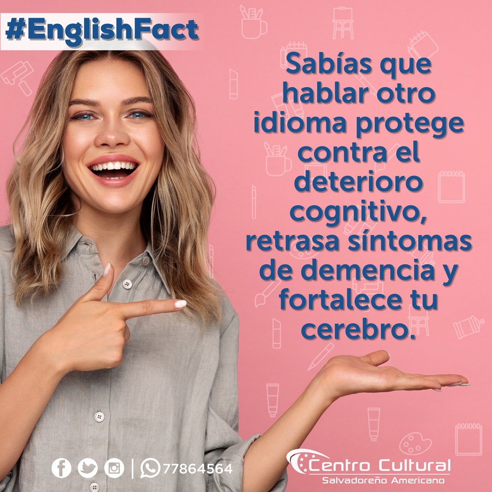 ccsa_sv's tweet photo. #EnglishFact Sabías que hablar otro idioma protege contra el deterioro cognitivo, retrasa síntomas de demencia y fortalece tu cerebro.

Inscríbete en nuestros cursos ingresando a: https://t.co/RHFirV9MPB https://t.co/TbKJGSVzqH