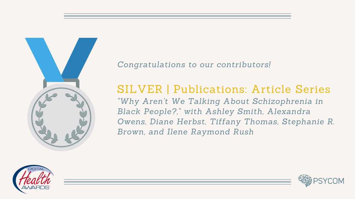 psycomnet's tweet photo. Congratulations to Ashley Smith, @TiffanySThomas, @alexandraco, @iraymondrush, @dianeherbst, and Stephanie R. Brown for earning Silver in Article Series at the #Fall2021DHA.
Read "Why Aren't We Talking About Schizophrenia in Black People?" here: https://t.co/Bu10ohmGT6 https://t.co/kkx1zdlmvk