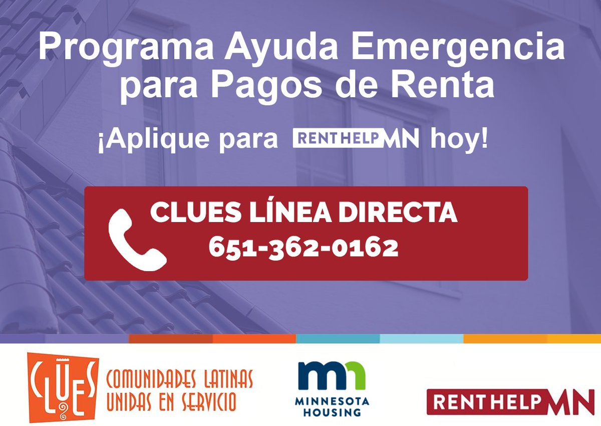 Telemundomsp's tweet photo. Buenas noticias para los residentes de Minnesota que buscan #asistencia para el #alquiler. Las solicitudes para #RentHelpMN están abiertas y @CLUES_MN puede ayudarle en el proceso de solicitud.

Para más información visita:
https://t.co/GmKz5NPfbL...
@mnhousing  

#COVID19 https://t.co/aLlhuIsPI3