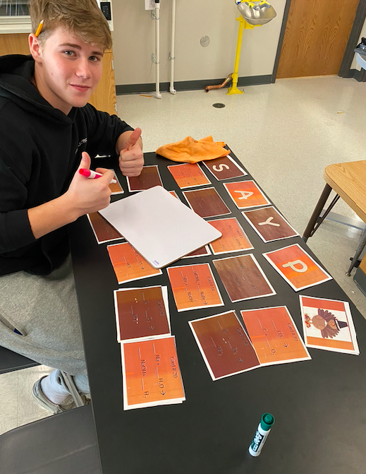 maggiemmorse's tweet photo. Thanksgiving hit our classroom today! Chem students had to balance equations to figure out a secret message 🦃 &amp; middle schoolers spent today learning about Tryptophan, how cranberries are harvested, the life cycle of a pumpkin, etc. #goodhueschool #thanksgivingscience https://t.co/aj8RDqFffS